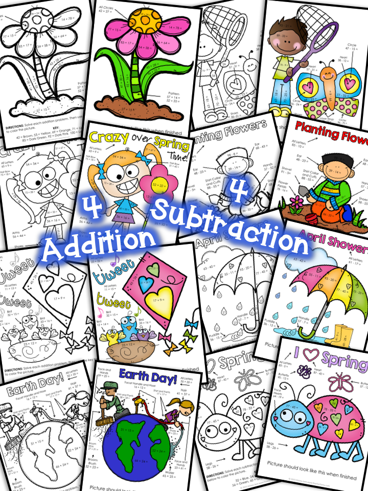 Spring Color by Number Two-Digit Addition and Subtraction to 100 ...