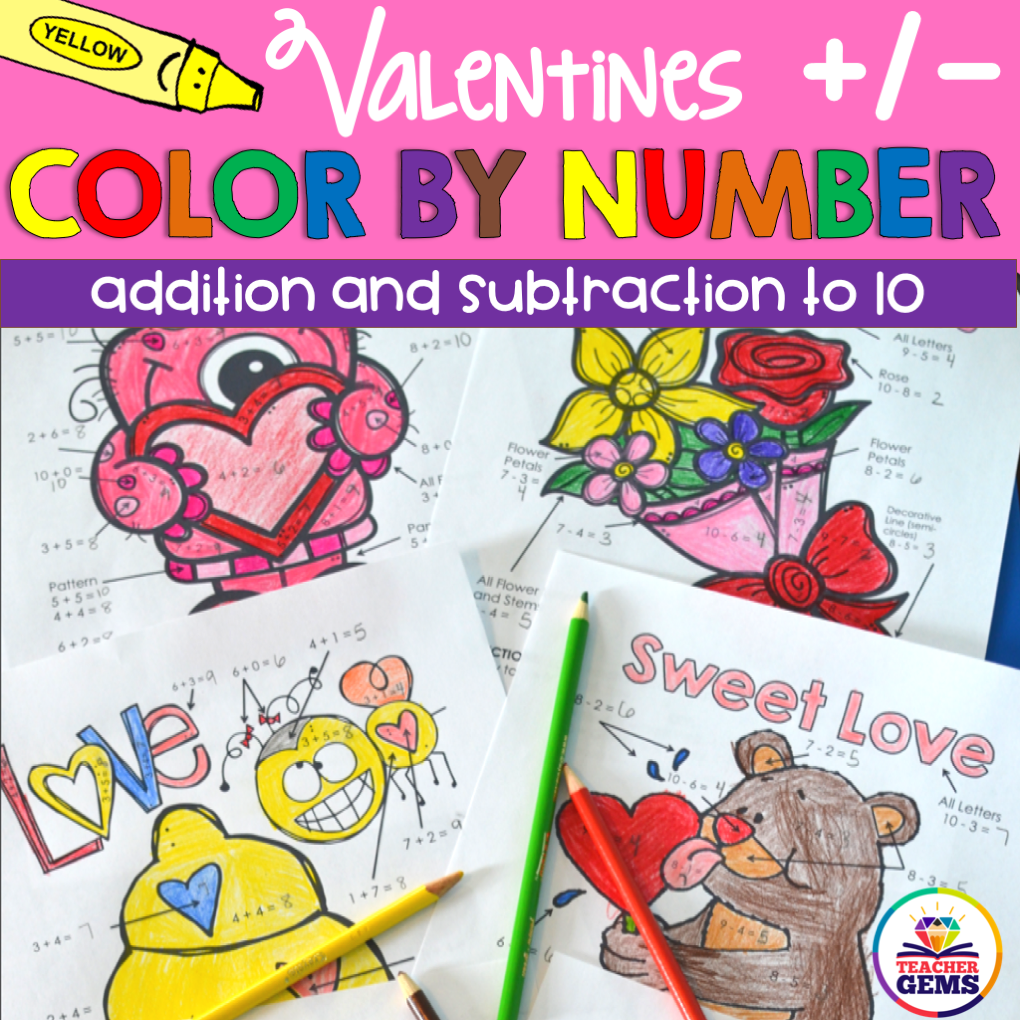 Valentine's Color by Number Addition and Subtraction to 10 Teacher Gems