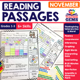 November Reading Passages - Thanksgiving, Veteran's Day, & Elections