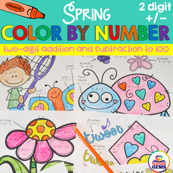Spring Color by Number Two-Digit Addition and Subtraction to 100