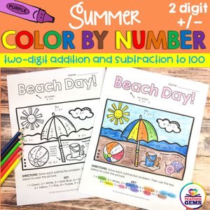Summer Color by Number Two-Digit Addition and Subtraction to 100