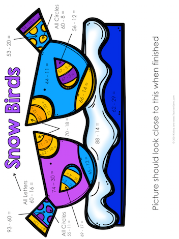 2 Digit Addition Subtraction Color By Number | Digital Winter Math Activity