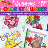 Valentine's Color by Number Two-Digit Addition and Subtraction to 100