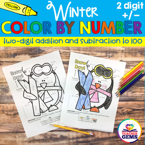 Winter Color by Number Two-Digit Addition and Subtraction to 100